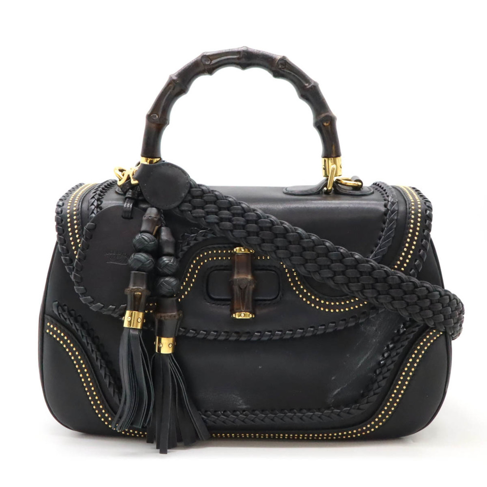 GUCCI New Bamboo Handbag Shoulder Bag Studs Tassel Leather Black 263959 - Picture 2 of 10
